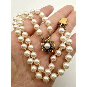 Vintage 14k yellow gold genuine blue sapphire 6mm Akoya Pearl bracelet 8”
